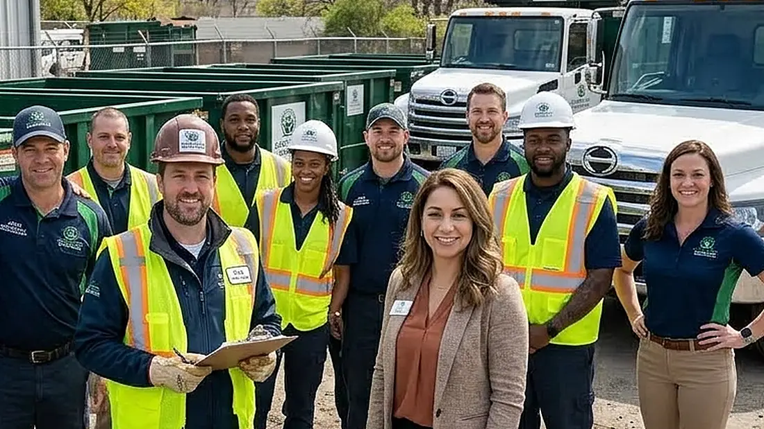 The Garden City Dumpsters crew in front of a delivery truck